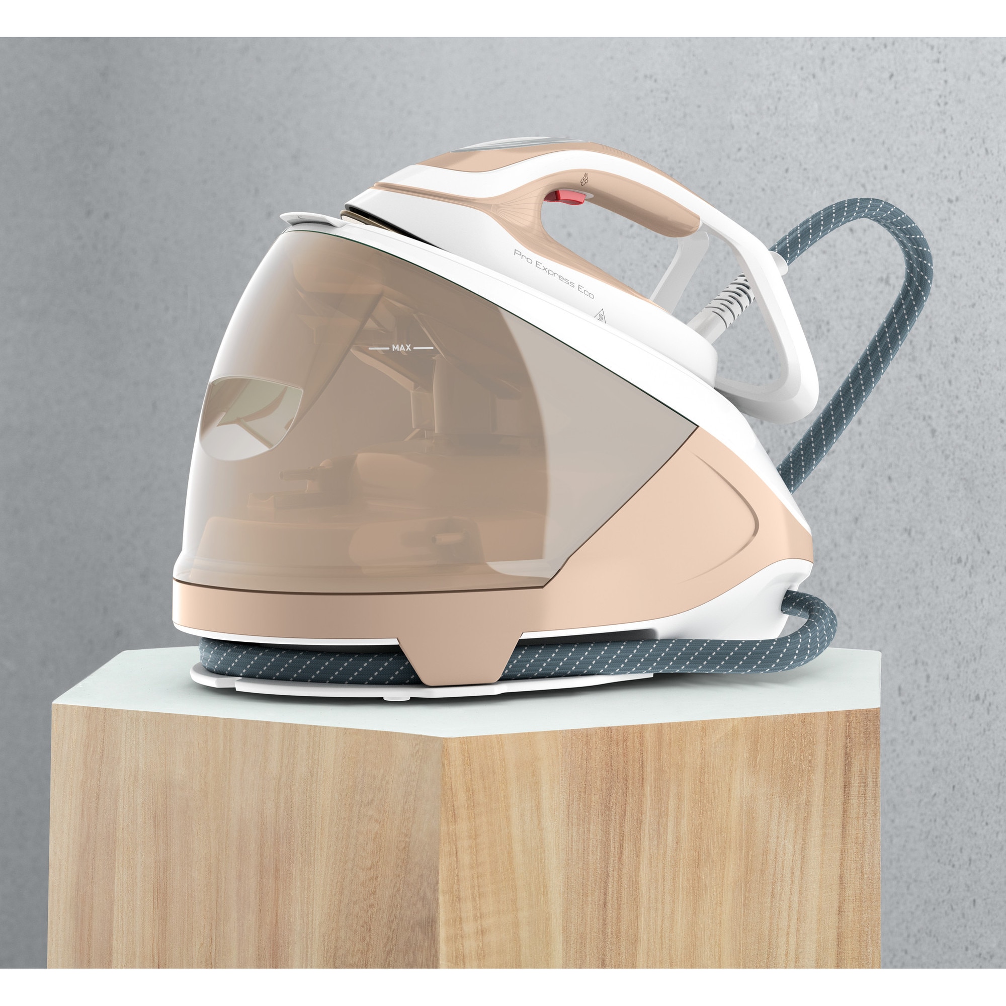 Statie de calcat cu abur Tefal Pro Express Eco GV9E22E0, 2200W, 7.6 bari, jet de abur 550 g/min, abur variabil 0 - 140 g/min, rezervor 1.8L, colector anticalcar, talpa Durilium AirGlide AutoClean, oprire automata, mod Eco, sistem antipicurare, crem & alb