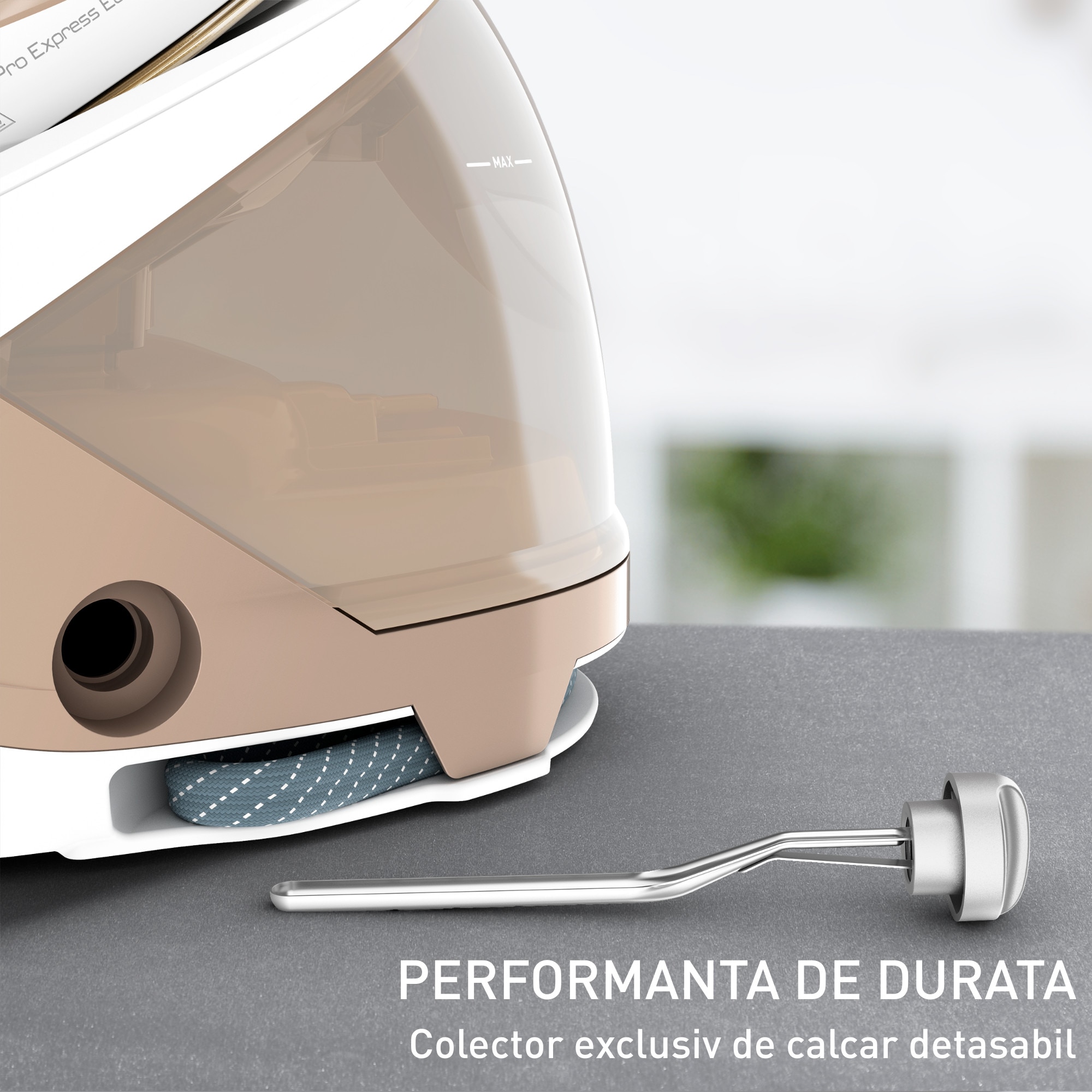 Statie de calcat cu abur Tefal Pro Express Eco GV9E22E0, 2200W, 7.6 bari, jet de abur 550 g/min, abur variabil 0 - 140 g/min, rezervor 1.8L, colector anticalcar, talpa Durilium AirGlide AutoClean, oprire automata, mod Eco, sistem antipicurare, crem & alb