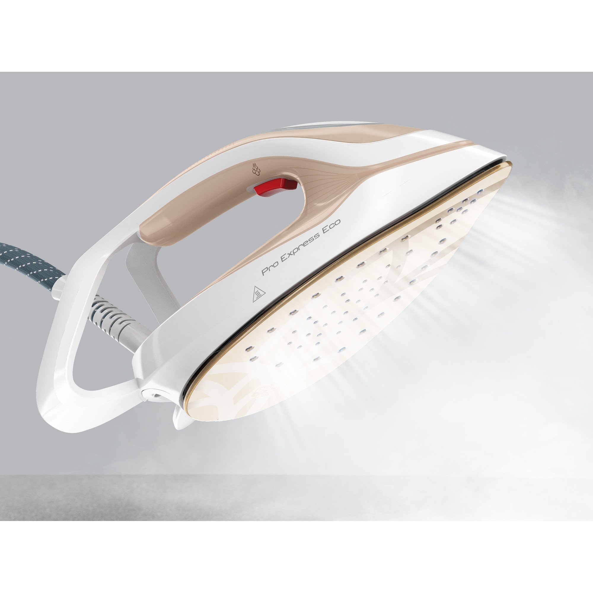 Statie de calcat cu abur Tefal Pro Express Eco GV9E22E0, 2200W, 7.6 bari, jet de abur 550 g/min, abur variabil 0 - 140 g/min, rezervor 1.8L, colector anticalcar, talpa Durilium AirGlide AutoClean, oprire automata, mod Eco, sistem antipicurare, crem & alb