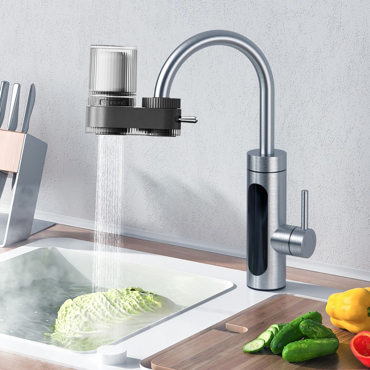 Филтър за пречистване на вода за кухня, Ultrixe, Активен въглен, Тежки метали, Пречиства водата, Елиминира хлора, 7 слоя филтриране, Идеален за кухня и баня, Бял