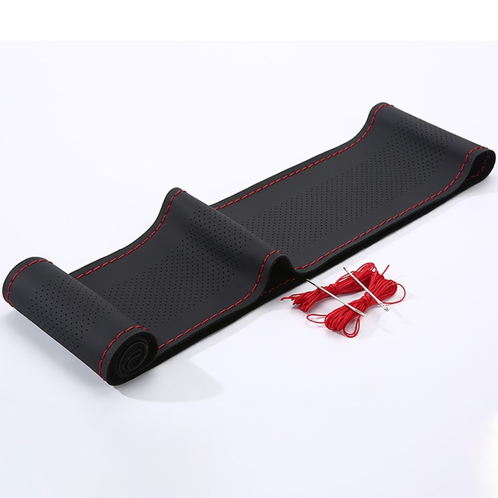 Husa universala din DUAIU piele pentru volan auto, cusatura, respirabila si antiderapanta, pentru volan 37-38cm cu Ac si Ata Rosie pentru Cusut marimea, Negru