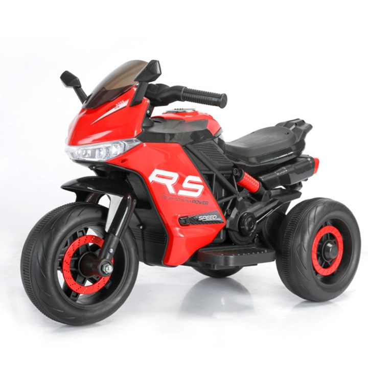 Motocicleta electrica copii cu 3 roti RS Baby, stabilitate marita, acumulator capacitate mare 6V 4Ah, muzica, lumini, claxon, culoare rosu