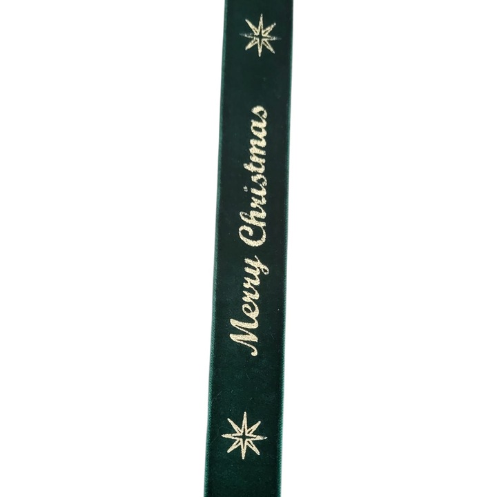 Panglica Decorativa de Craciun, din Panza cu aspec de Catifea, Funda Ornament, Model Merry Christmas si Cerbi Aurii, 2.5 cm x22.5 m, Verde inchis