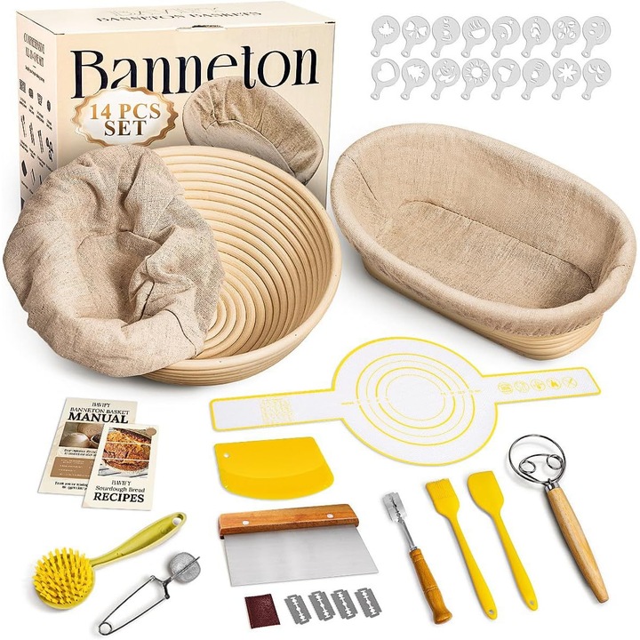 Kenyérsütő és kelesztő kosárkészlet, ovális 25x15x9cm és kerek 23x23x8cm, különféle késekkel és spatulákkal