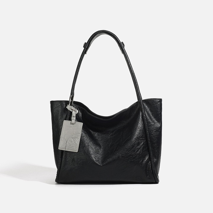 Fekete bőr tote táska, nagy kapacitású, 35x12x30cm