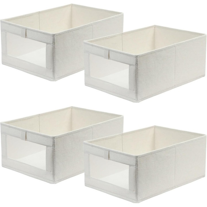 Комплект от 4 кутии за съхранение и организиране, 18л, 40x27x17 см, Прозрачен прозорец, Сгъваеми и многофункционални за съхранение на играчки, дрехи, аксесоари, памучно бельо, Бежови Кутии за съхранение, кошници за съхранение