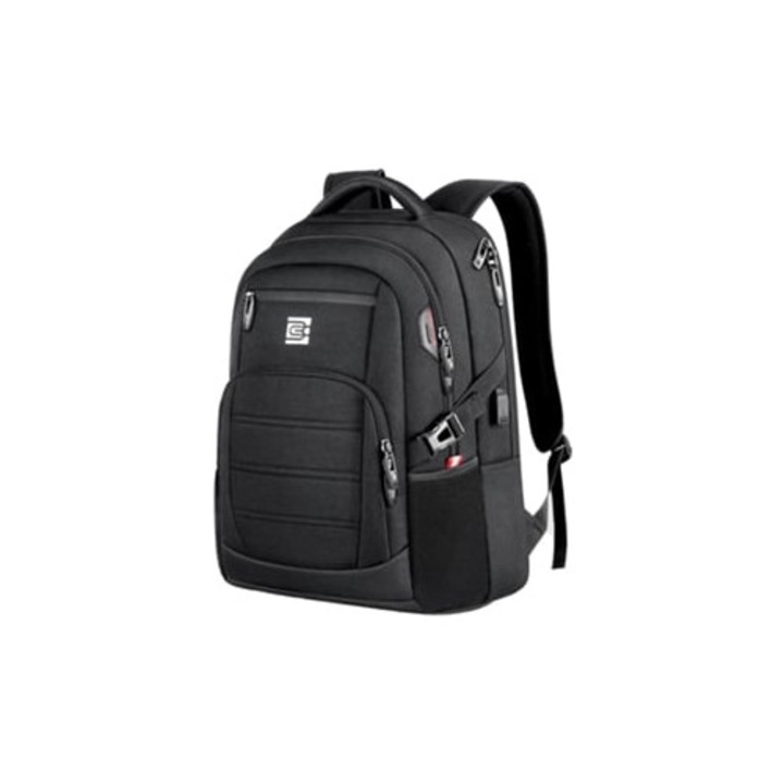 Lopásgátló, vékony, fekete laptop hátizsák, USB töltőporttal