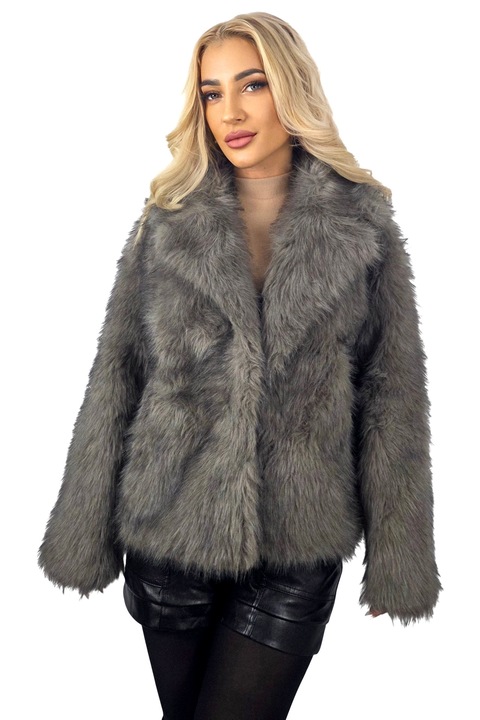 Kasmina rövid műszőrme női kabát, zsebekkel, szürke, univerzális S/M méret, FashionForYou