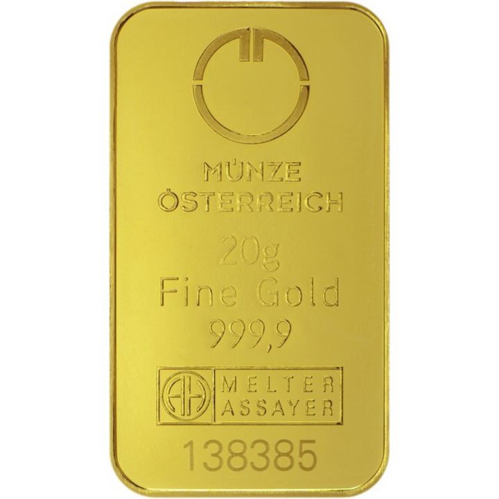 Lingou Aur, Austrian Mint (Münze Österreich) 20 grame, puritate 999, 9 ‰, 24k