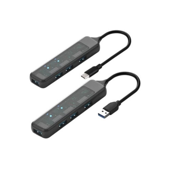 USB C elosztó, 4 portos, ultravékony, 1x USB 3.0, 3x USB 2.0, C típusú laptophoz, Mac-hez