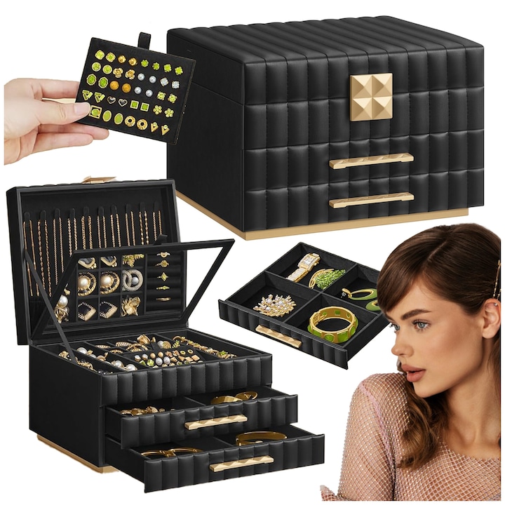 Ékszerdoboz, Songmics, 3 szintes, 2 fiókos, fekete, 21,5x24x15,8cm