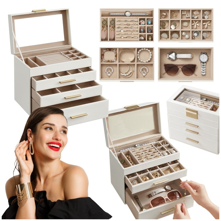 Ékszerdoboz, Songmics, 4 szintes, 3 fiókos, krém, 15,3x25,1x21,5cm