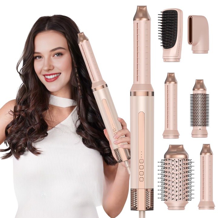 Perie par electrica cu uscator si ondulator invelis ceramic 6in1 TrustTech Roz/Pink 200 milioane Ioni negativi 1300W, 3 trepte de caldura, cablu rotativ 360, set complet