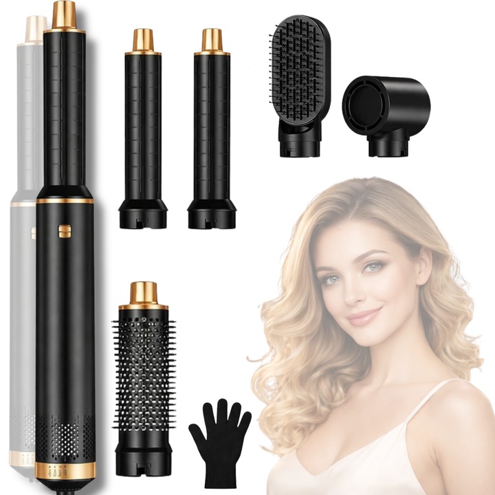 Perie Electrica pentru Par Infiniteea™, Multifunctionala, 5 in 1, 1000W, Uscare, Ondulare, Indreptare si Coafat Parul, 3 Trepte de Temperatura, Portabila, Capete Interschimbabile, Negru