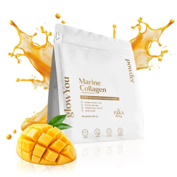 Pudra de colagen marin Paka Natury, 5000 mg, 180 g, 30 porții, aromă mango