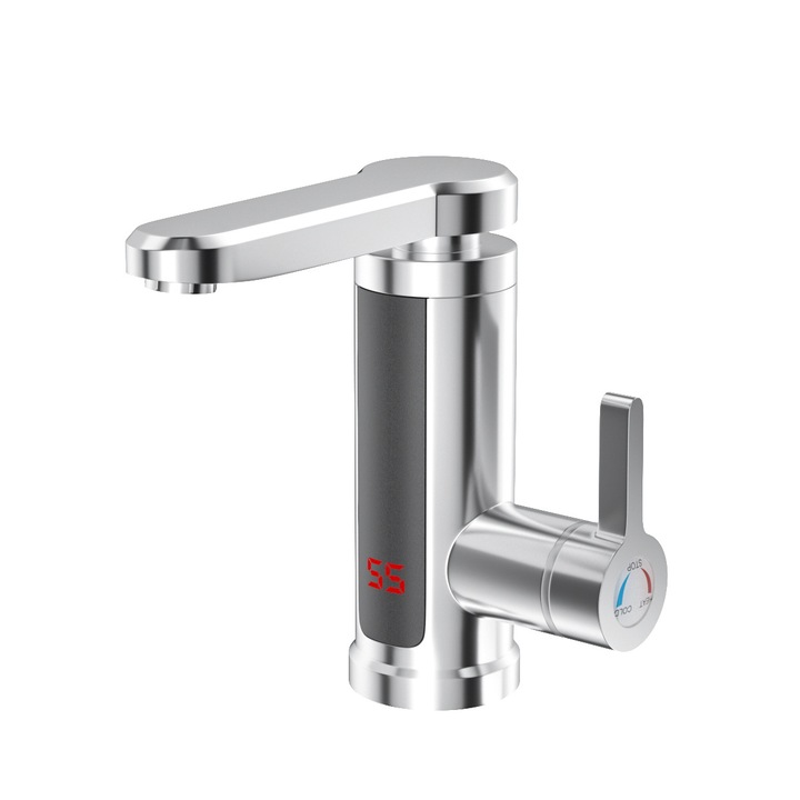 Robinet cu functie instantanee de apa calda, afisaj LCD de temperatura, instalare chiuveta, design modern, argintiu