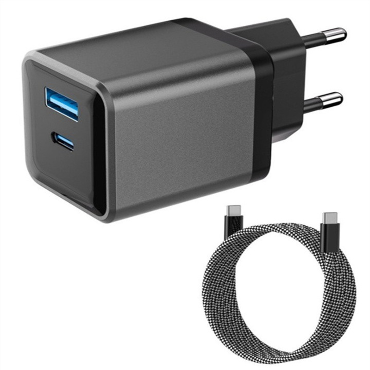 Telefon töltő kábellel, 20W PD Type-C és USB-A, Fekete, Gyors töltés, 100cm