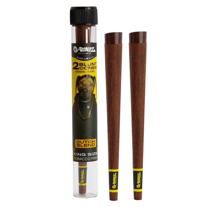 Blunt conuri pre-rulate din amestec de plante G-Rollz The dog Dutch Blend infuzate cu terpene in tub de pastrare din sticla cu capac King Size x2 - umplere usoara