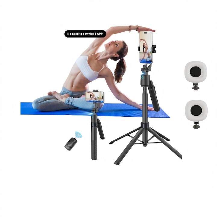 Trepied Foto Telescopic Profesional, Ajustabil, Rotatie 360 Grade, Foto Prin Gesturi, Pentru Telefon/Camera Foto, 2 Lumini de umplere, Telecomanda Bluetooth Detasabila, 35-180cm, Universal, Negru