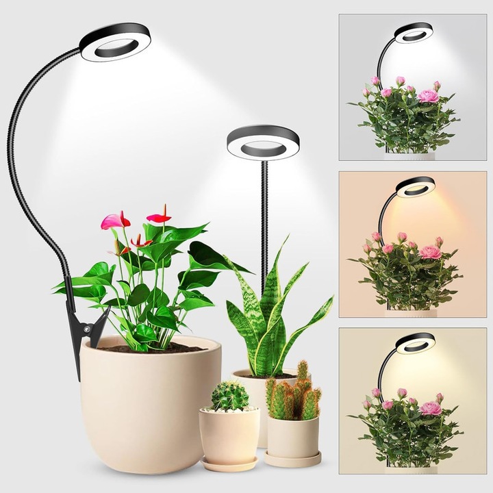 Lampa UV pentru cresterea plantelor, YSBER®, 1 Set 2, Trei moduri de iluminare, Doua metode de instalare, 48 de LED, 9 luminozitati reglabile 360 ° panou de lumina rotativ, cu temporizator automat pornit / oprit 3/9/12H, 5V, 5W, Negru