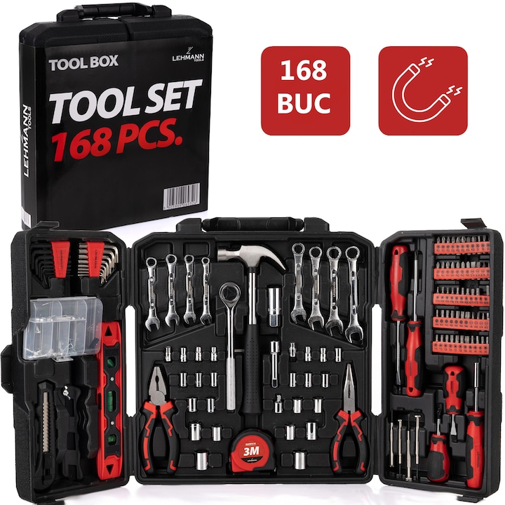 Trusa scule universala, Lehmann LTOTC-1601, 160 piese, otel carbon, varfuri magnetice, maner cauciucat, geanta de transport, 40x8x36 cm, 5.2 kg, negru/rosu