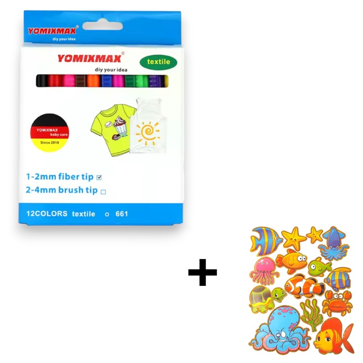Set 12 Markere Textile pentru incaltari, tricou, sapca, idei creative activitati copii + set 12 Stikere Animale marine 3Ani+