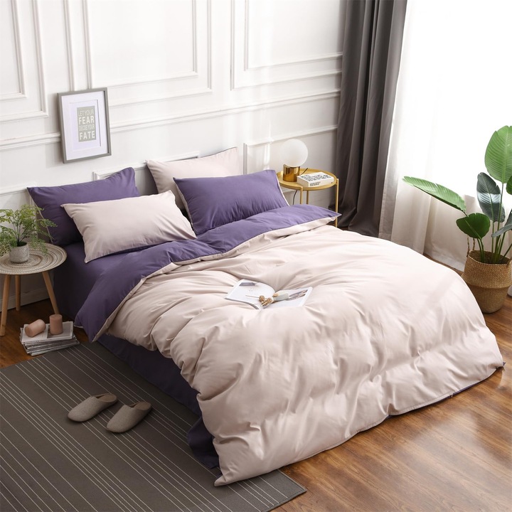 Set Lenjerie de Pat 3 Piese – 100% Microfibra Premium, Moale si Placuta la Atingere, cu Fermoar si Capse de Fixare, Dimensiune 200x200 cm + 2 Fete de Perna 80x80 cm, Reversibila pe 2 parti, Mov cu Gri Cenusiu