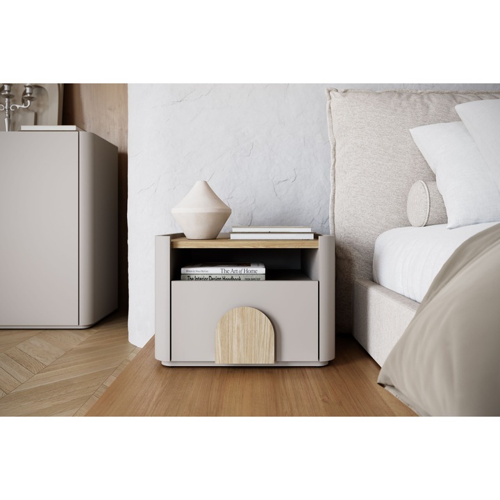 Noptiera, Bogart, Amilio, 48x35,5x48 cm, cu 1 sertar, culoare casmir, blat din stejar oleiat