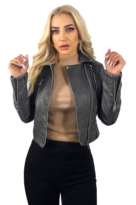 Geaca din piele ecologica VERRO, model biker cu inchidere laterala, GRI, Marimea XS, FashionForYou