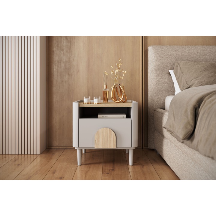 Noptiera, Bogart, Amilio, 48x48x48 cm, cu 1 sertar, inaltime picioare 13 cm, culoare casmir, blat stejar oleiat