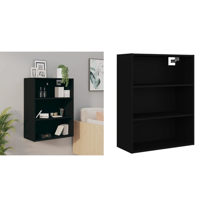 Dulap suspendat negru, 69, 5x32, 5x90 cm, 3 compartimente, lemn compozit