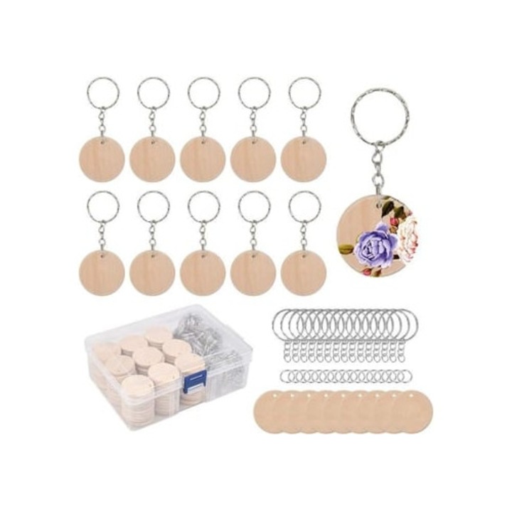 Testreszabható, kerek fa korongokból készült kulcstartó készlet, többszínű, 100 darab