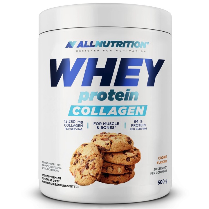 Proteine si colagen, ALLNUTRITION Whey Protein Collagen, 500g, aroma PRAJITURA, supliment proteic, imbogatit de colagen, pentru muschi, fara zahar