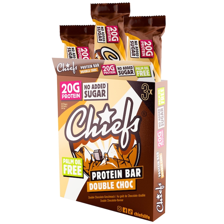 Cutie 3 Batoane proteice Chiefs Double Choc, 55g, 20g proteina, ciocolata