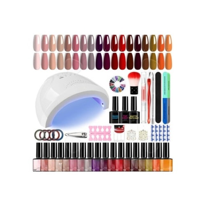 Set de geluri pentru unghii 8 ml, 18 culori, 44 piese, efect lucios, cu lampa UV