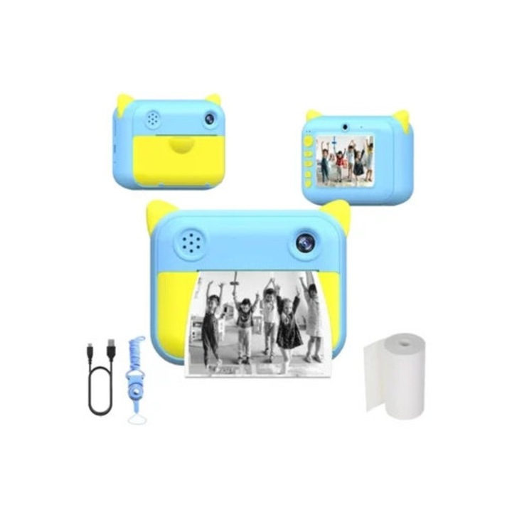 Camera digitala pentru copii cu imprimare instantanee fara cerneala, albastra