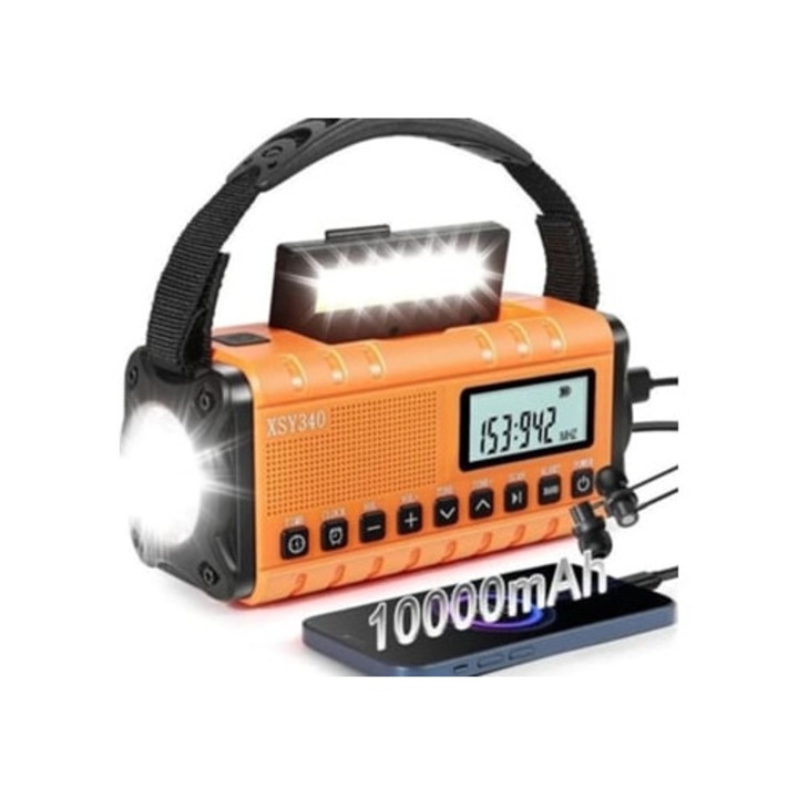 Radio de urgenta cu manivela 10000mAh XSY340 portabil, portocalie