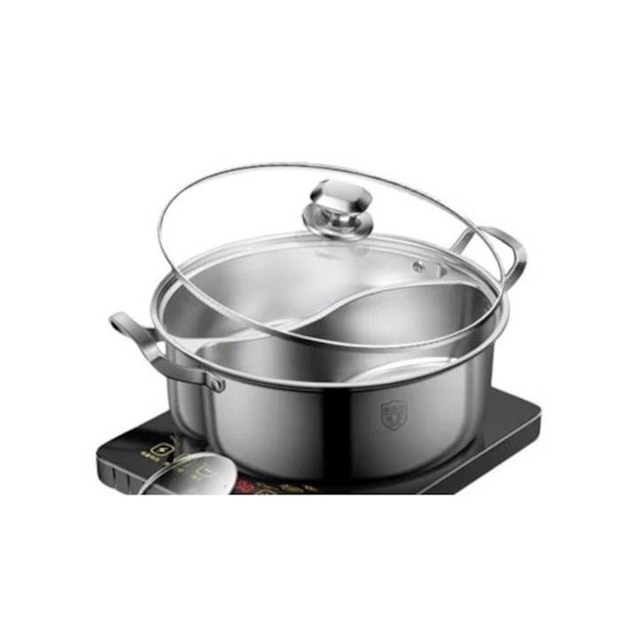 Rozsdamentes acél serpenyő dupla üvegfedéllel, két különböző főzőlapon való főzéshez, 30x5cm