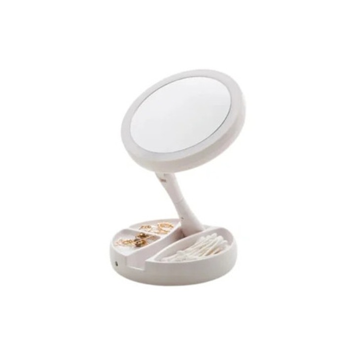 Oglinda cosmetica cu LED, rotire 360°, pliabila, baza cu 3 compartimente, cu lupa
