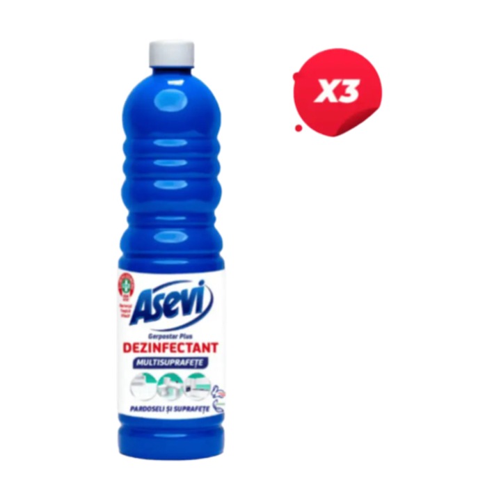 Комплект Пакет X3 - Дезинфекциращ Разтвор за Множество Повърхности Asevi 1L, течен, елиминира 99,9% бактерии, свеж аромат