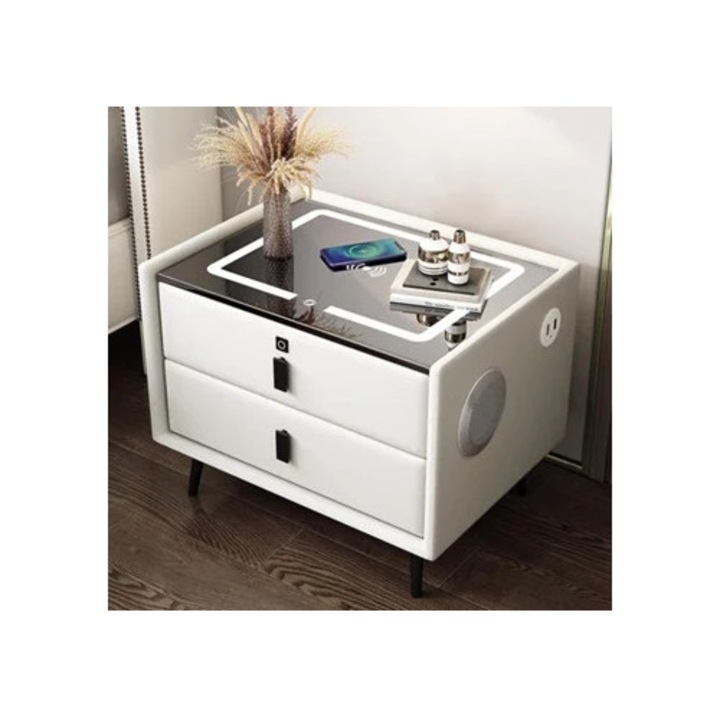 Noptiere cu LED, 2 sertare, incarcare wireless, difuzoare Bluetooth, alb