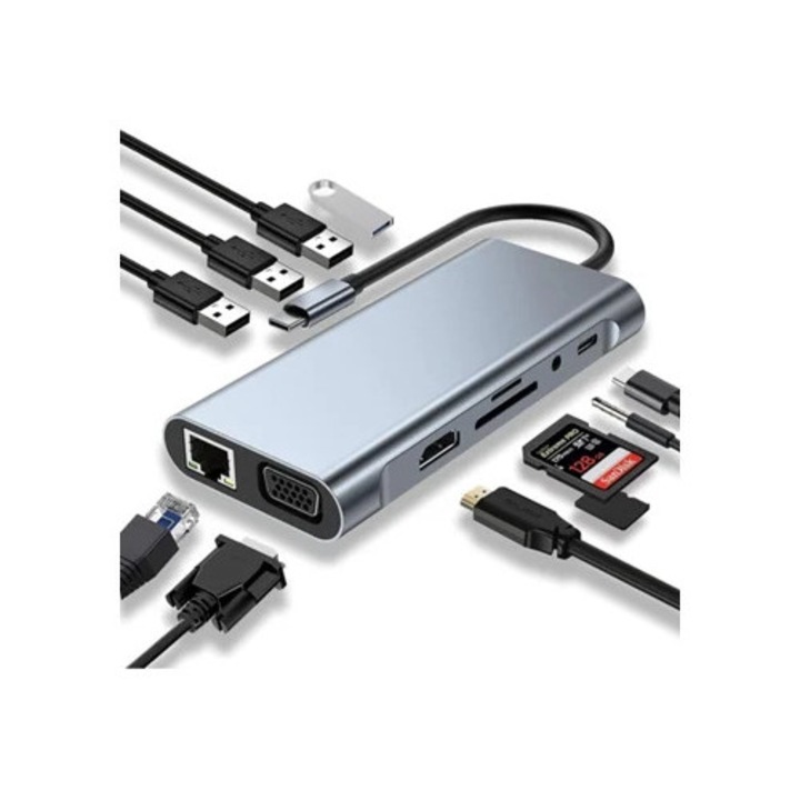 Hub USB-C la HDMI 10-in-1, 4K, VGA, USB 3.0, PD, RJ45 Ethernet, cititor SD/TF