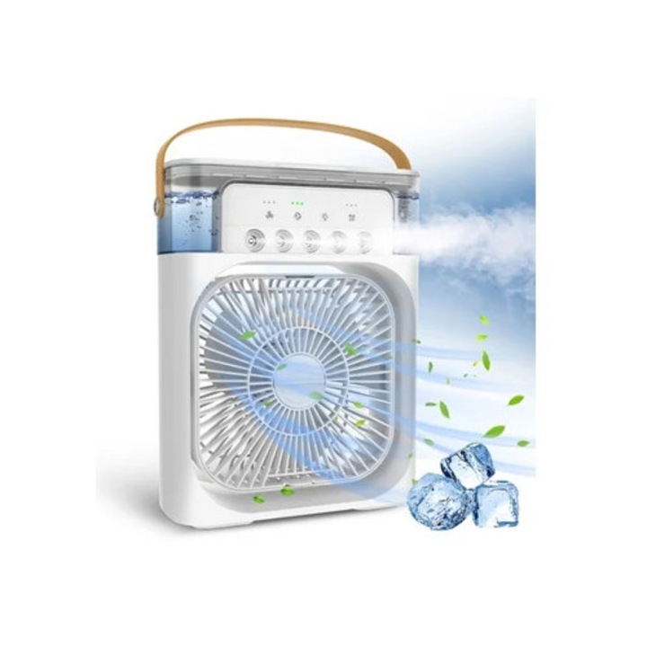 Преносим вентилатор 4 в 1, въздушен охладител, овлажнител, ароматерапия, синя LED светлина, компактни размери