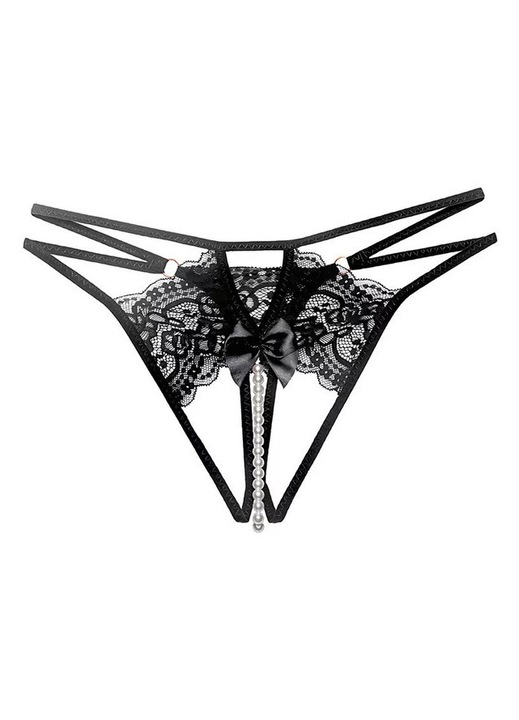Chiloti sexy tanga decupati, nylon, cu margele, negru, Negru