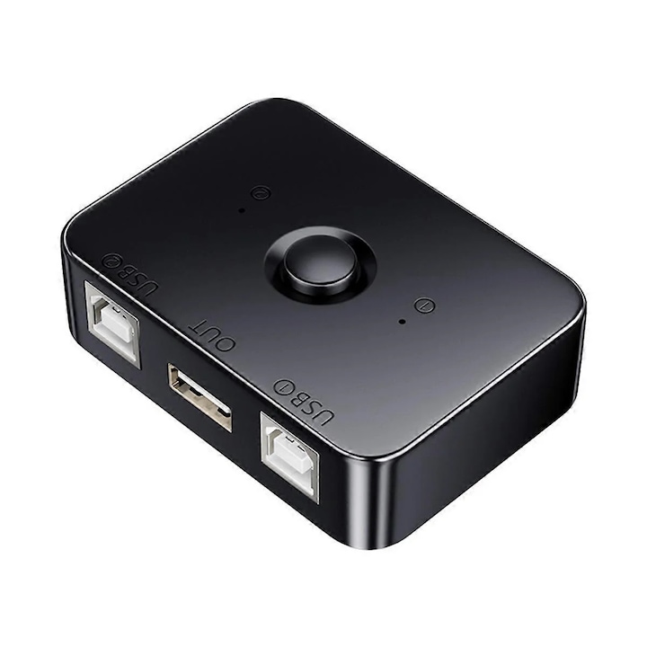 USB nyomtató megosztó eszköz, 2 számítógép, elektronikus kapcsolás, 70x50x20mm, fekete