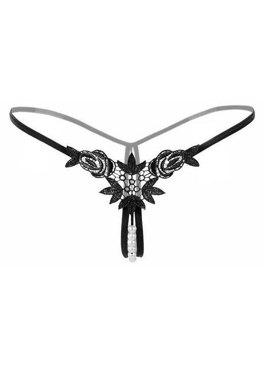 Szexi tanga kivágásokkal, gyöngyös részletekkel, fekete XL