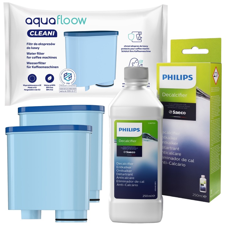 Kit de intretinere pentru aparatul de cafea, filtru de apa, echivalent cu CA6903, Aquafloow, compatibil Philips Saeco, detartrant Philips CA6700/22, 1x250 ml
