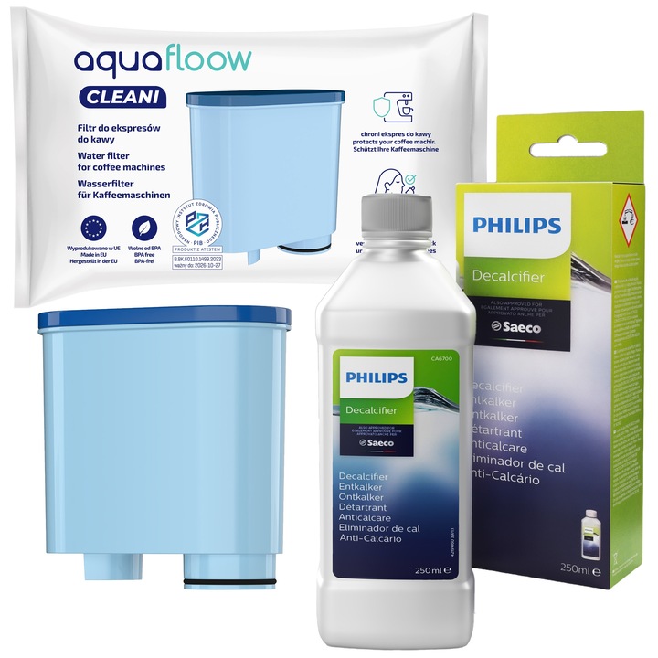 Set pentru aparat de cafea Philips/Saeco, Aquafloow, 1x Filtre de apa inlocuire pentru Philips LatteGo serie 2200 3100 5000, Incanto, Pico Baristo, 1x Decalcifier Philips CA6700 250ml