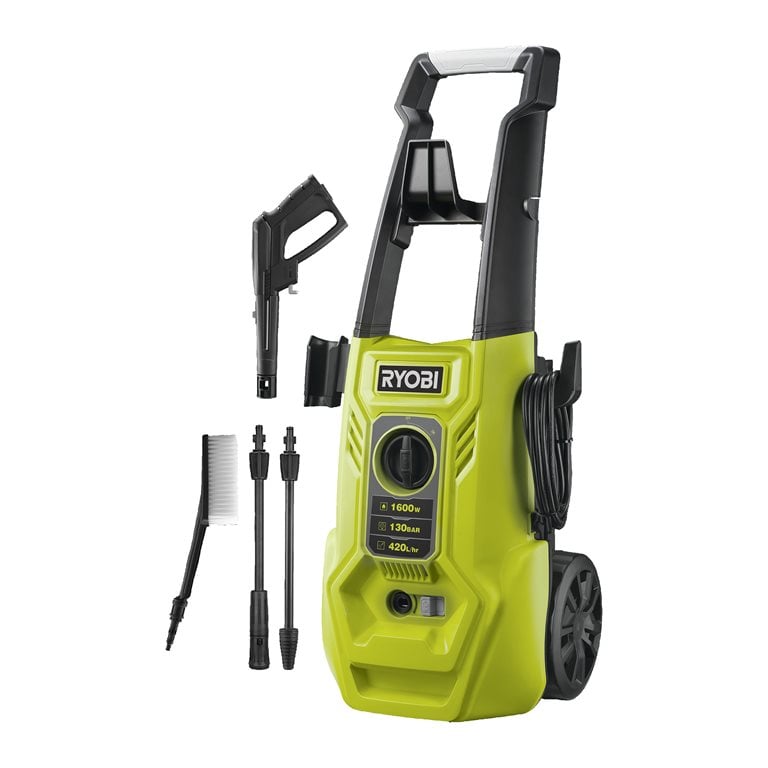 Aparat de spalat cu presiune RYOBI RY130PWA, putere 1600 W, presiune maxim 130 bar, debit maxim 420 l/h, rezervor detergent 0.9 L, include: pistol de presiune + lance vario + lance turbo + perie