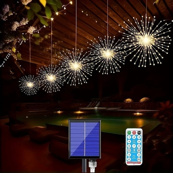 Комплект от 5 LED соларни лампи, тип фойерверки с 500 LED диода, топла светлина, за вътрешно или външно ползване, жълт